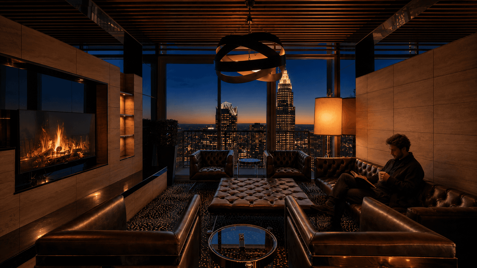 A luxury rooftop amenity lounge at twilight in Uptown Charlotte, with the Bank of America crown and skyline visible through floor-to-ceiling windows behind tufted leather couches and a warm fireplace.