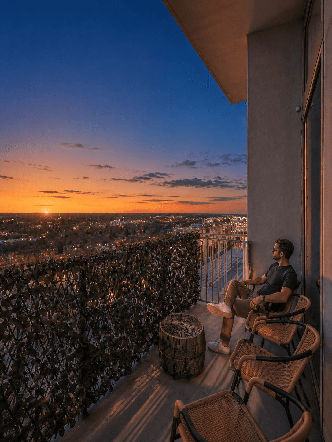 A man on a high-floor private balcony at sunset, the Raleigh skyline glowing in the distance across a deep amber-and-cobalt sky.