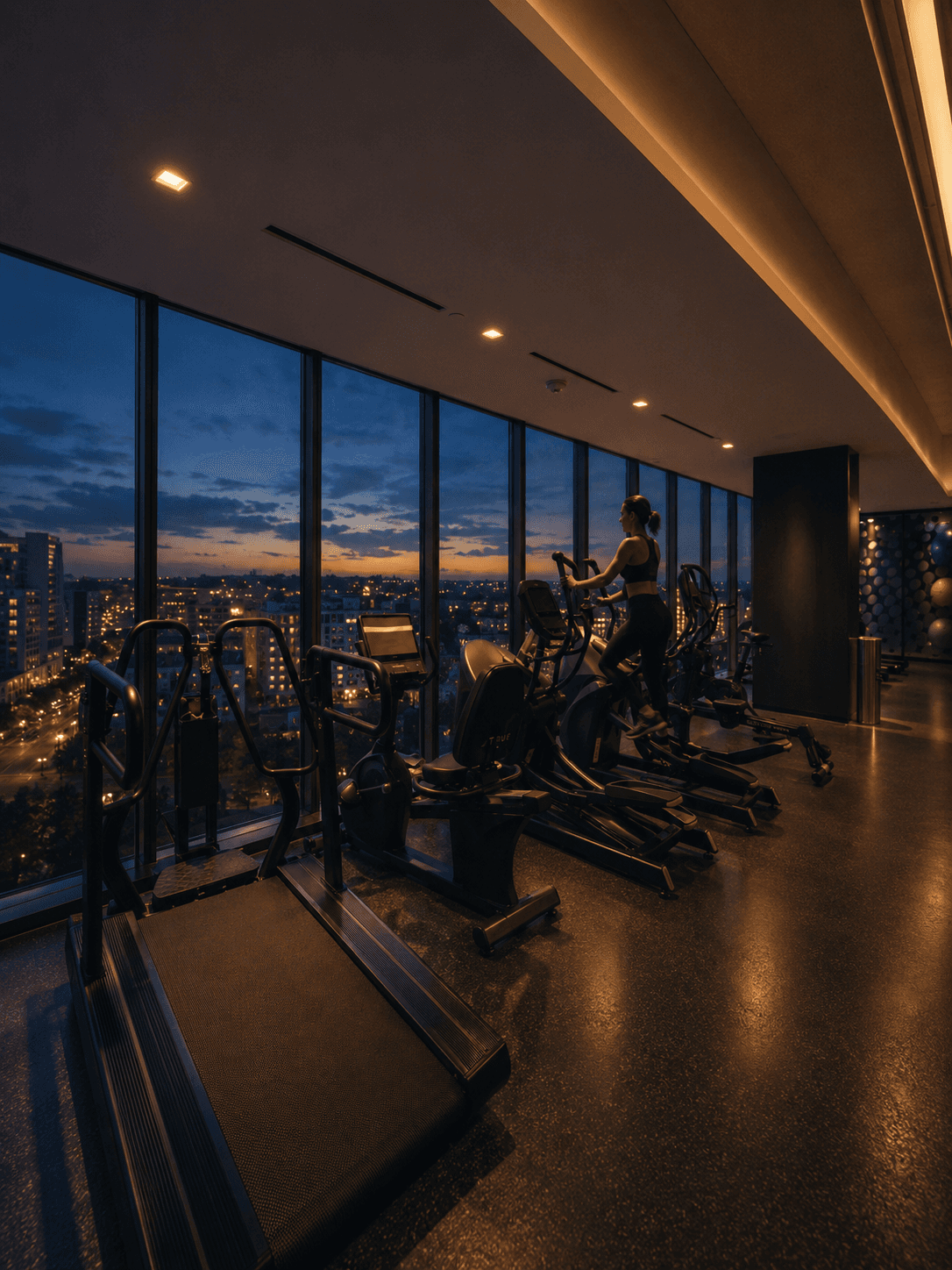A modern fitness center at blue hour with floor-to-ceiling windows looking out over the twilight city skyline, equipment lit warmly.