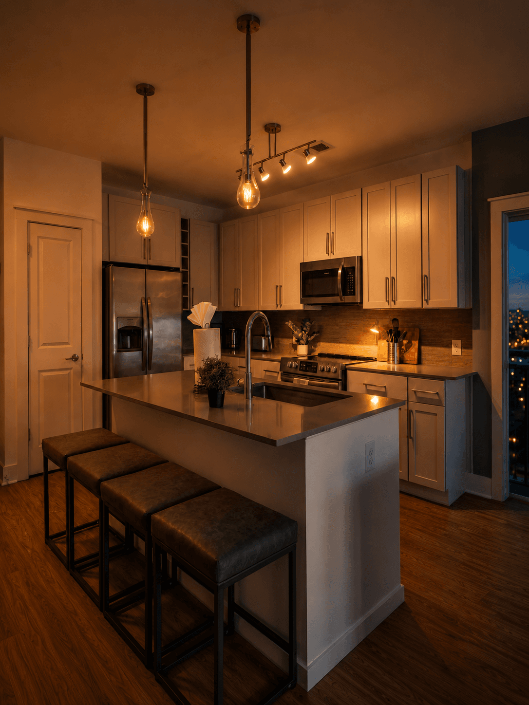 A fully equipped modern kitchen at twilight with warm pendant lighting and an island with bar stools.