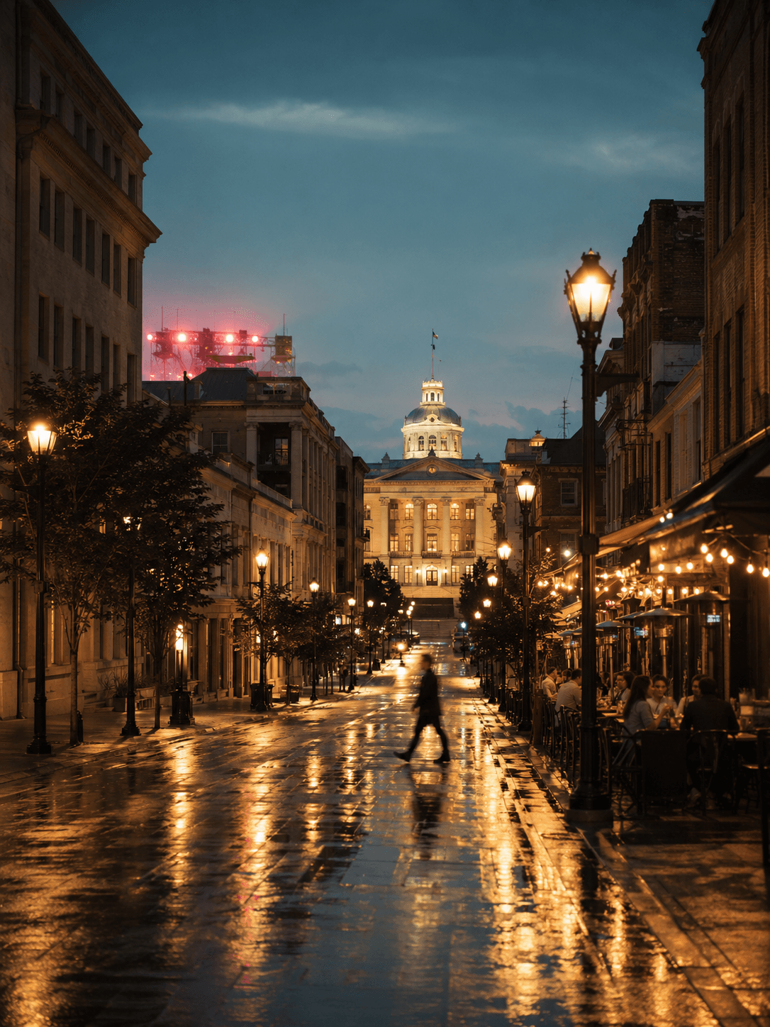 Fayetteville Street in downtown Raleigh at twilight, looking toward the illuminated North Carolina State Capitol dome, rain-slick pavement reflecting historic streetlamps.