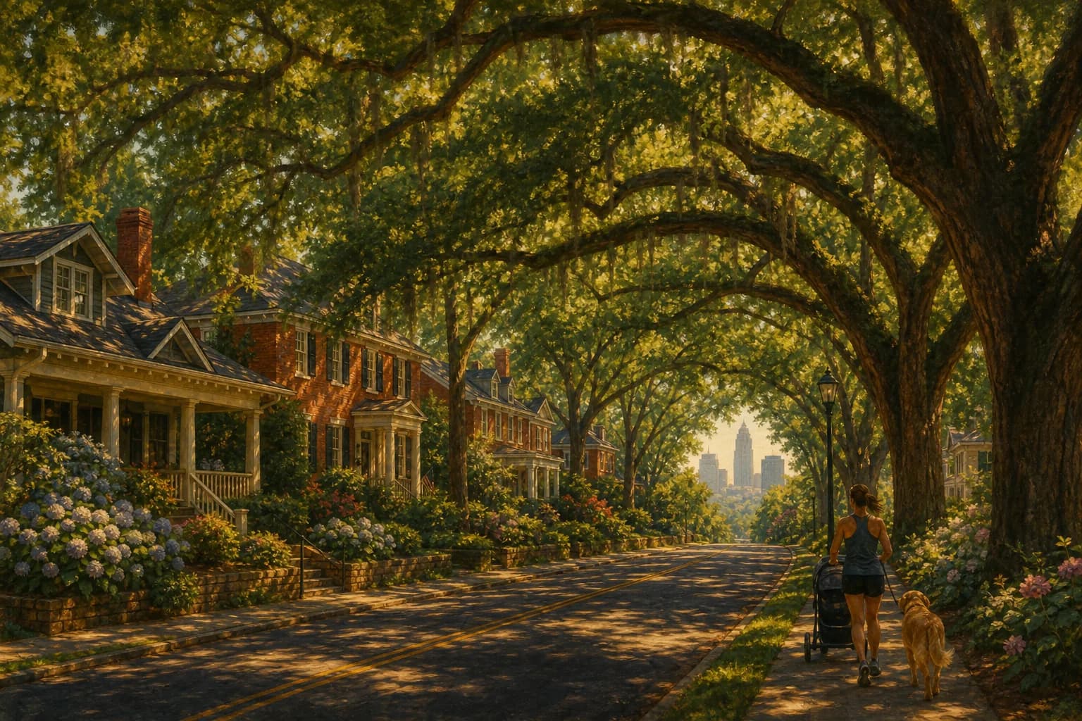 A cathedral tunnel of giant willow oaks arching over a street of craftsman bungalows in Charlotte’s historic streetcar suburbs