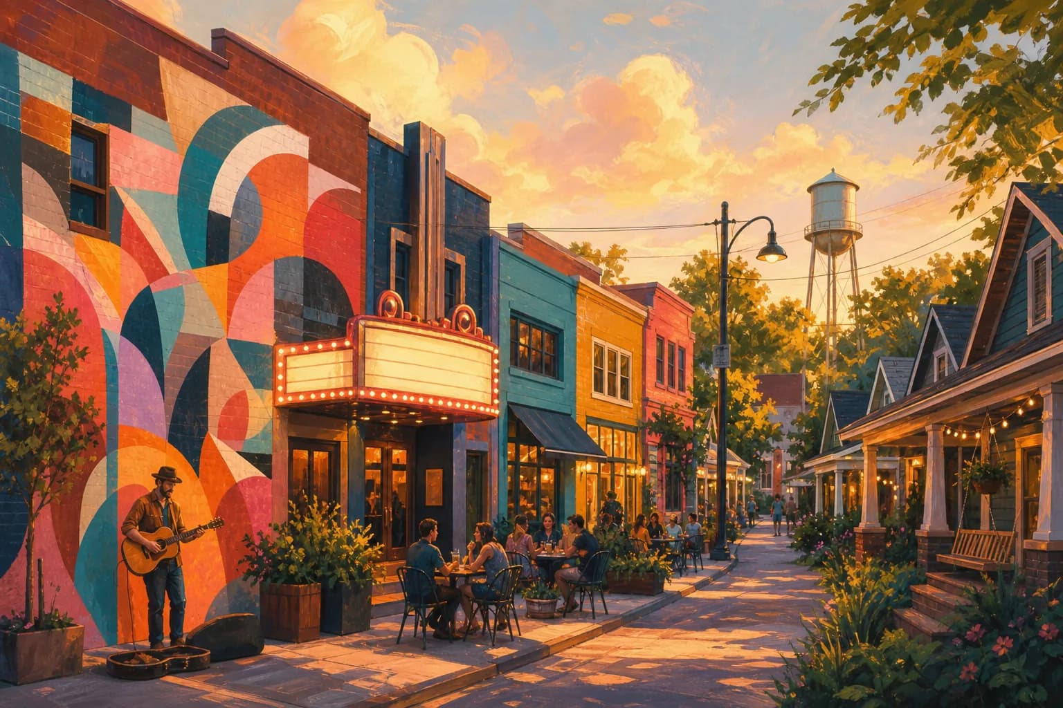 NoDa arts district at golden hour: colorful mill-village storefronts, a large abstract mural, sidewalk cafe tables, and a busker with a guitar