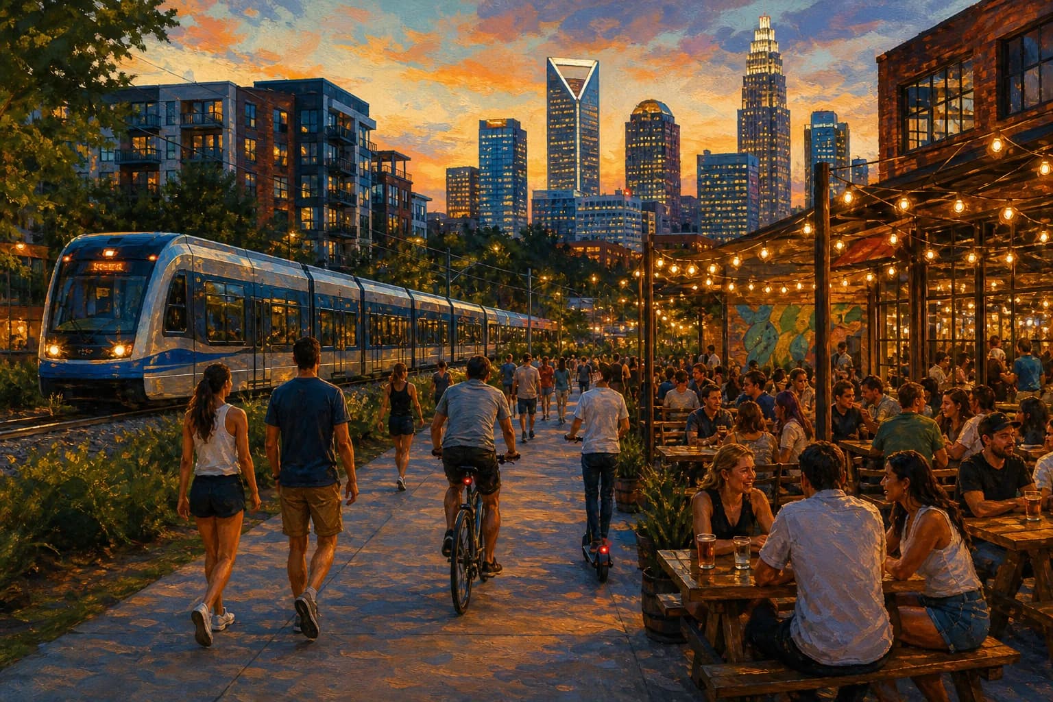 South End Charlotte on a summer evening: the Rail Trail busy with walkers and cyclists, string-lit brewery patios, and a LYNX train passing new apartments