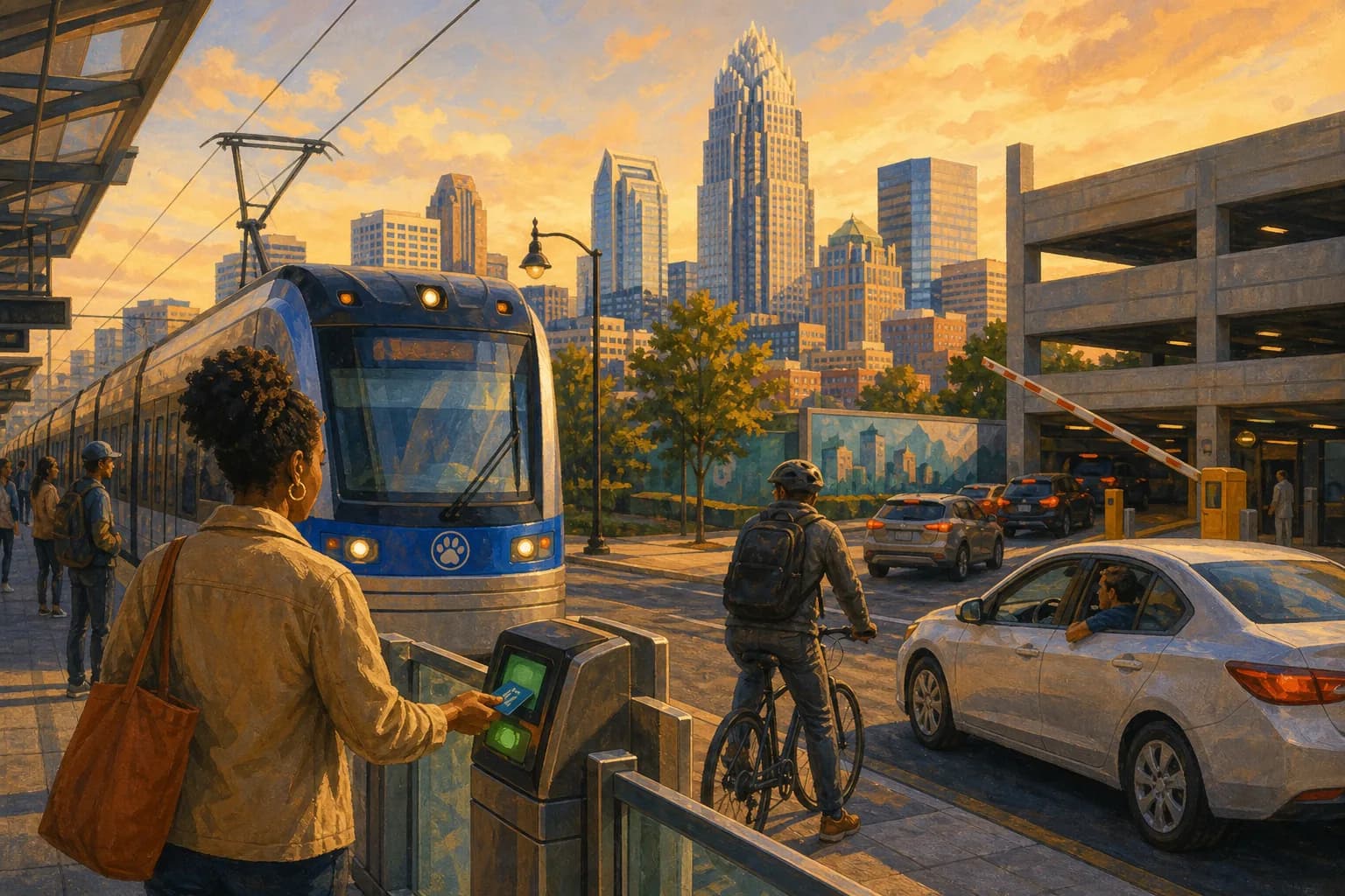 Illustration of Charlotte commuter choices: a rider tapping onto the LYNX light rail, cars queuing at a parking garage, a cyclist and rideshare at the curb
