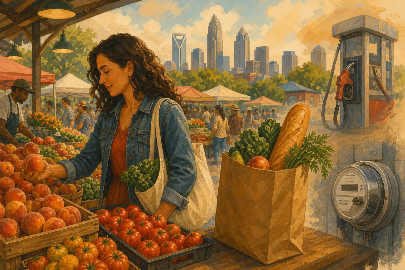 Illustration of a shopper at a Charlotte farmers market stall with everyday cost symbols — groceries, fuel, and a power meter — blended into the scene