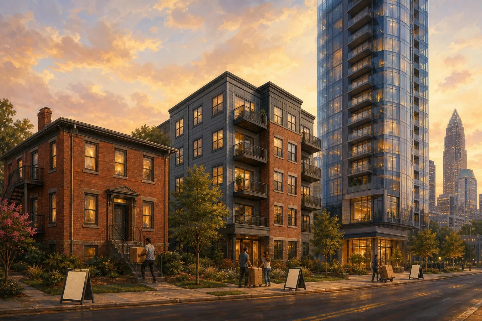 Illustrated Charlotte streetscape running from an older brick fourplex to a mid-rise apartment block to a glassy Uptown high-rise