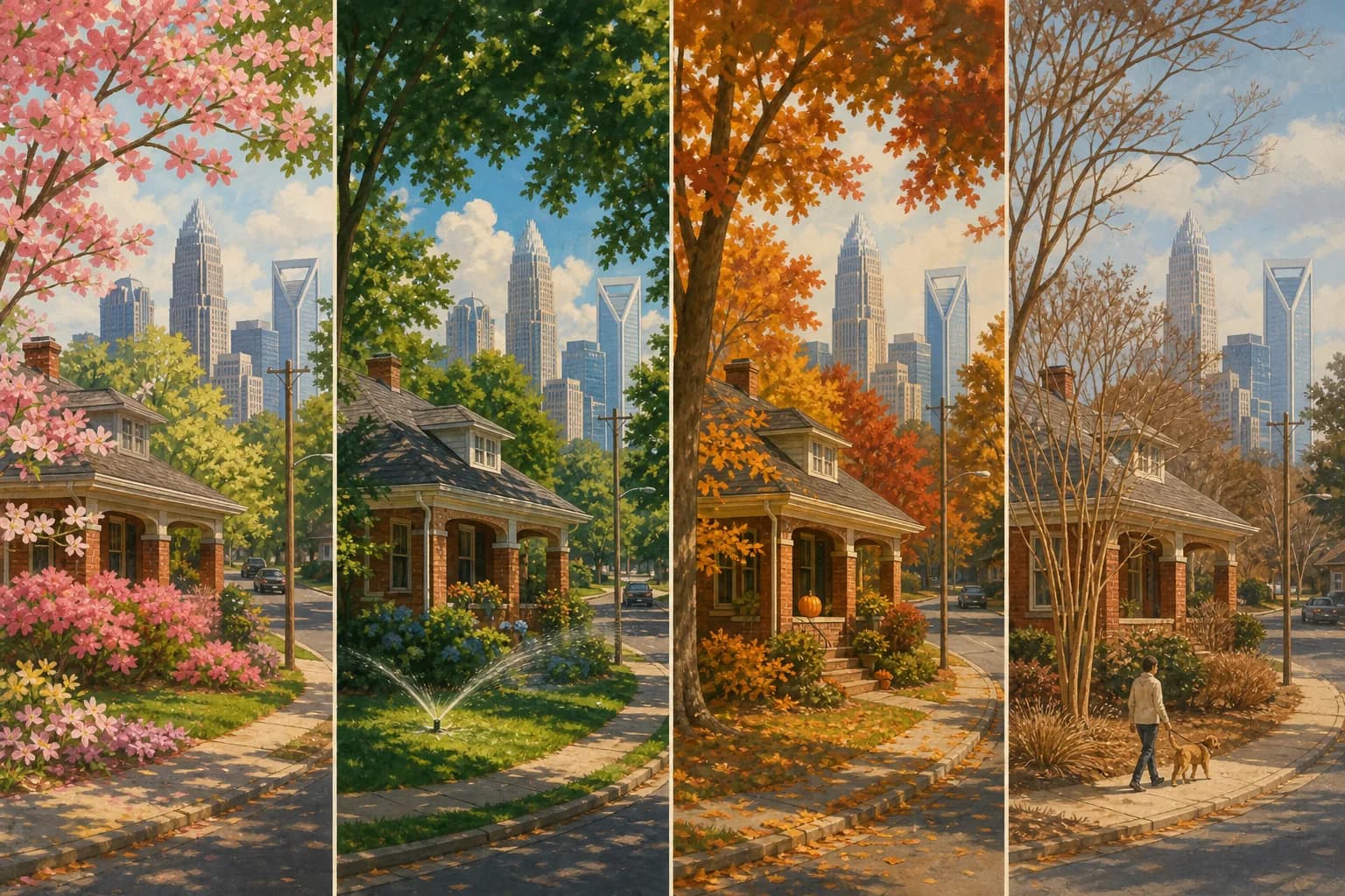 Four-panel illustration of the same Charlotte street across spring dogwoods, humid green summer, golden autumn, and a mild snowless winter