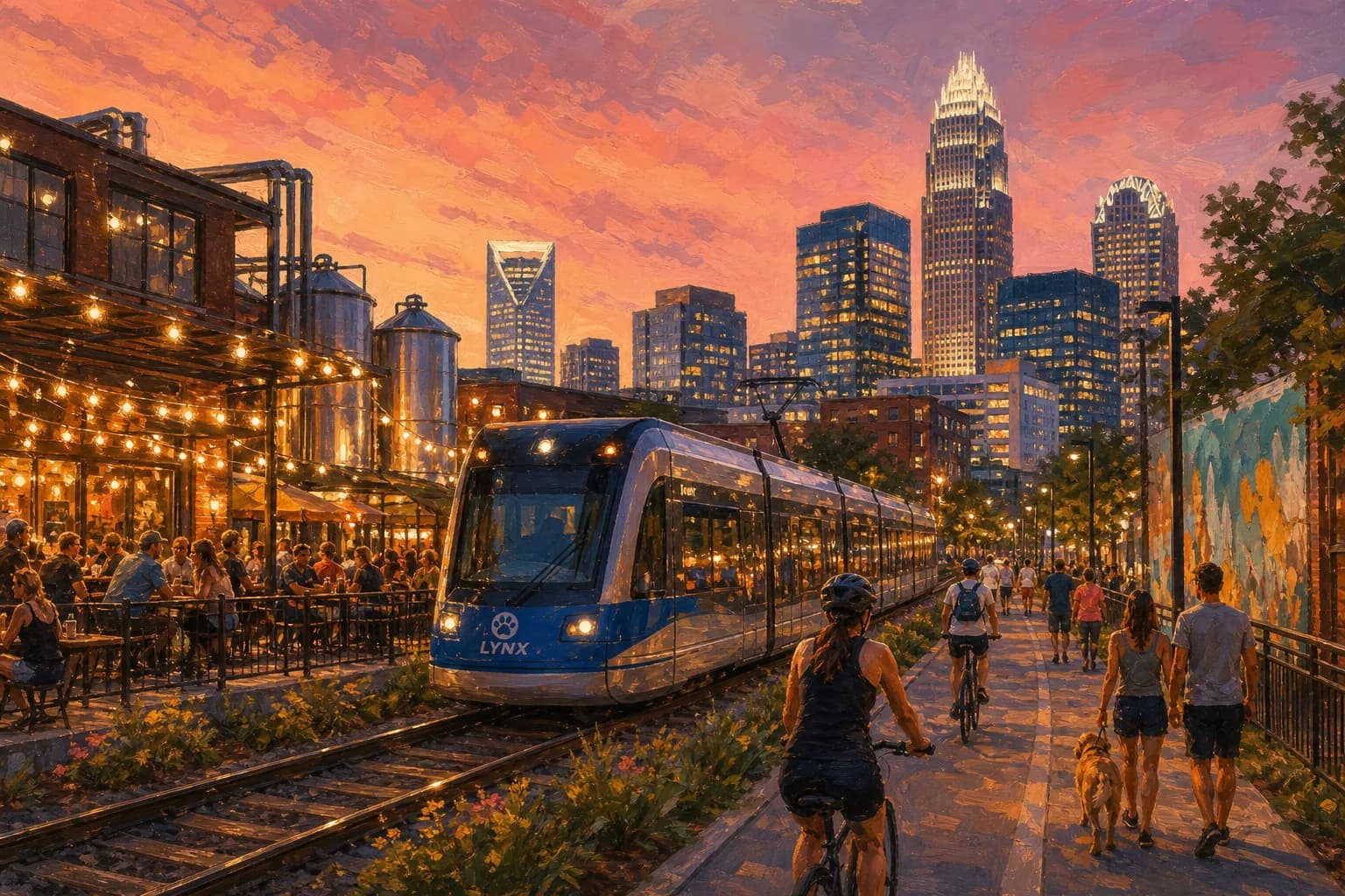 A LYNX Blue Line train gliding along the South End Rail Trail at dusk with the Uptown Charlotte skyline behind