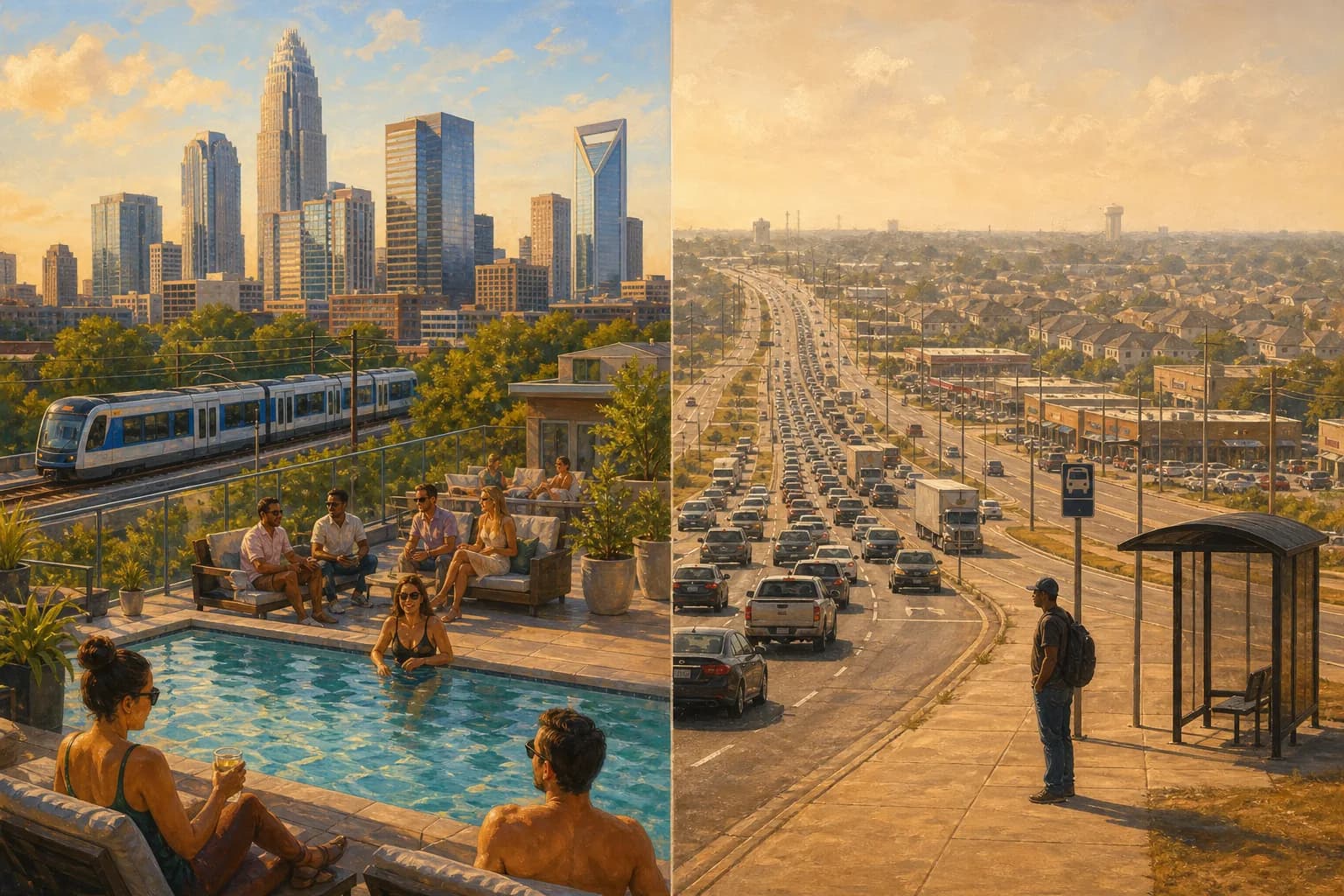 Split illustration contrasting Charlotte’s rooftop-pool skyline lifestyle with congested highways and car-dependent sprawl