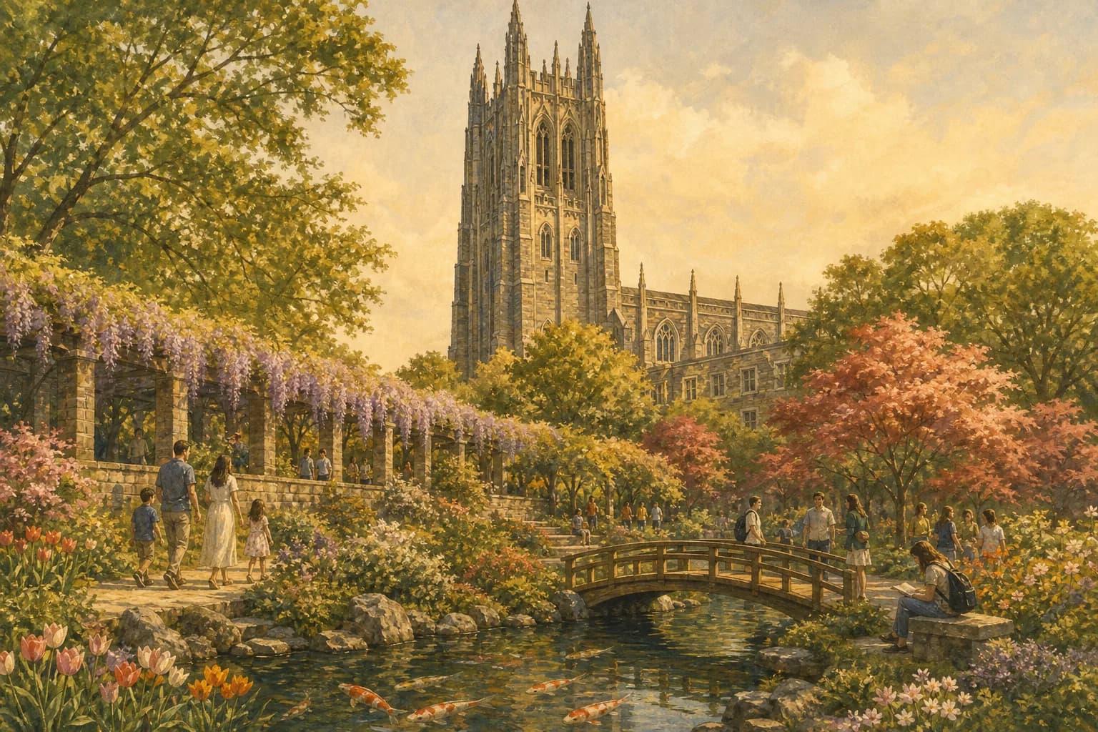 Duke Chapel’s gothic tower rising above the terraced Sarah P. Duke Gardens with strolling visitors