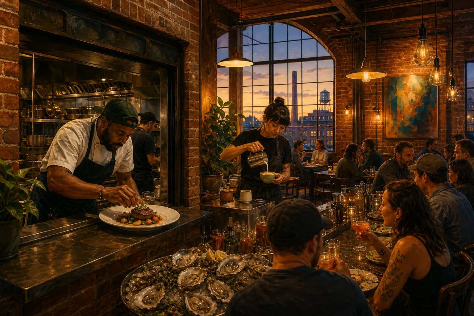 Collage-style illustration of Durham’s food scene inside converted tobacco warehouses: a chef plating at a pass, a barista pouring latte art, and a busy oyster bar