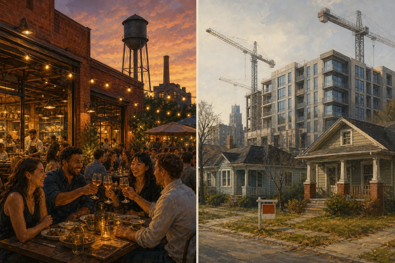 Split illustration contrasting Durham’s warm restaurant patios in converted warehouses with construction cranes looming over older bungalows