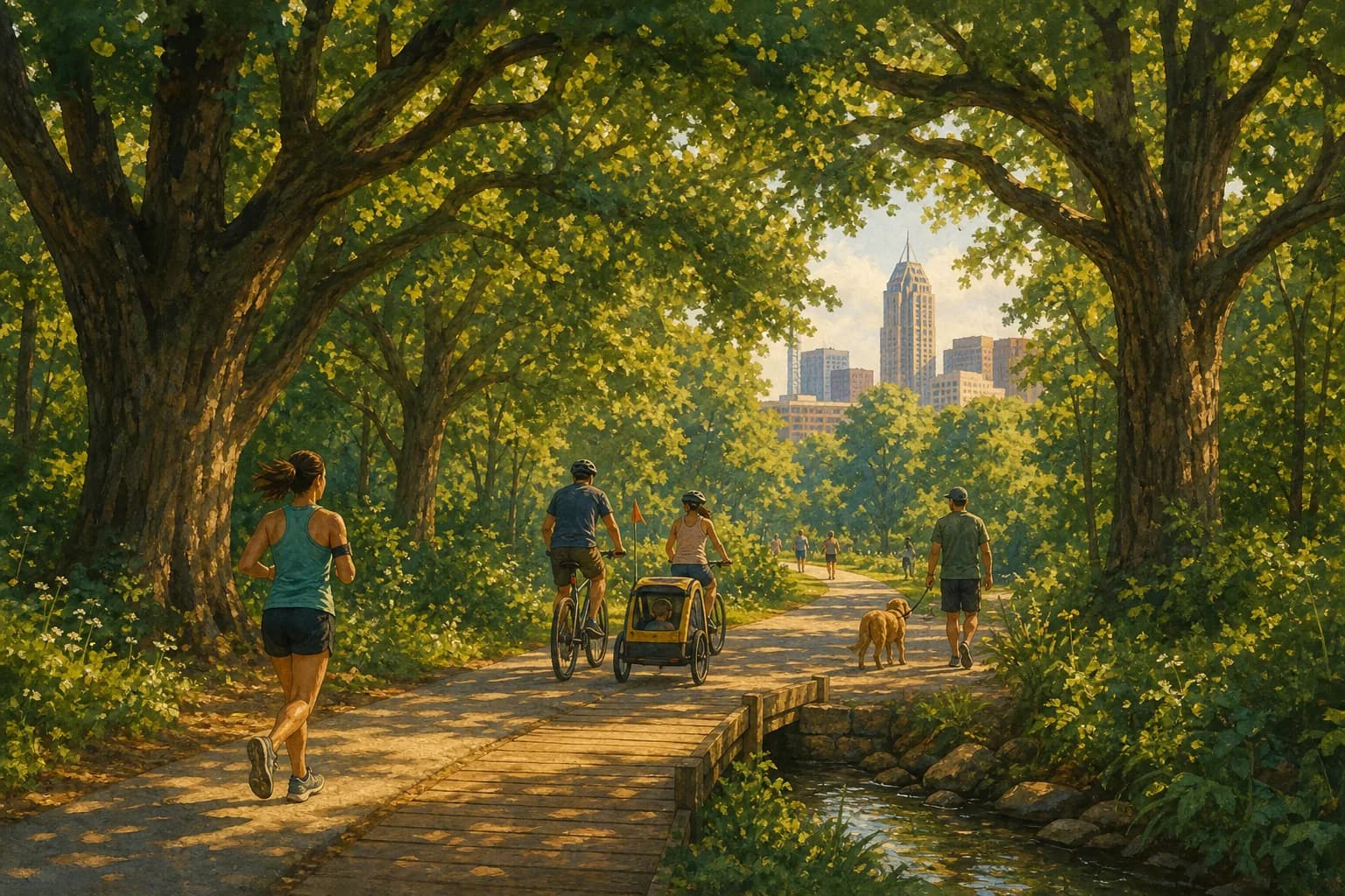 A greenway trail tunnel under giant oaks in Raleigh with runners and a family on bikes, downtown skyline visible through the canopy