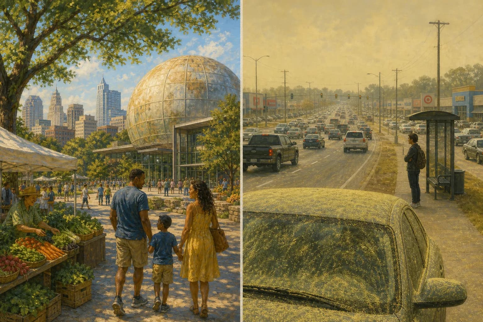 Split illustration contrasting Raleigh museum plazas and farmers markets with a five-lane suburban road, a lone bus stop, and pollen-dusted cars