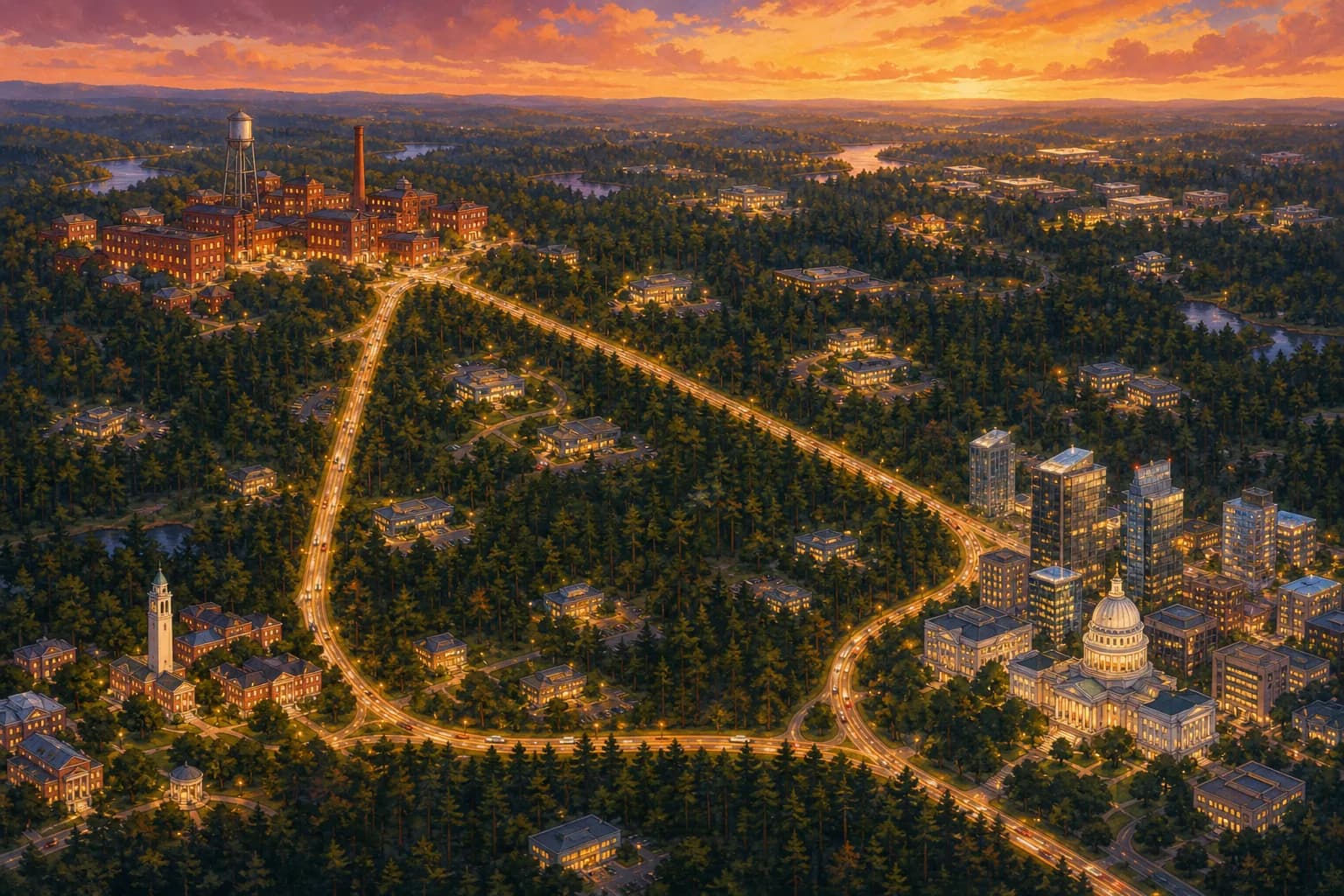 Storybook map of the Research Triangle: Raleigh, Durham, and Chapel Hill connected by highways around the pine forest of Research Triangle Park