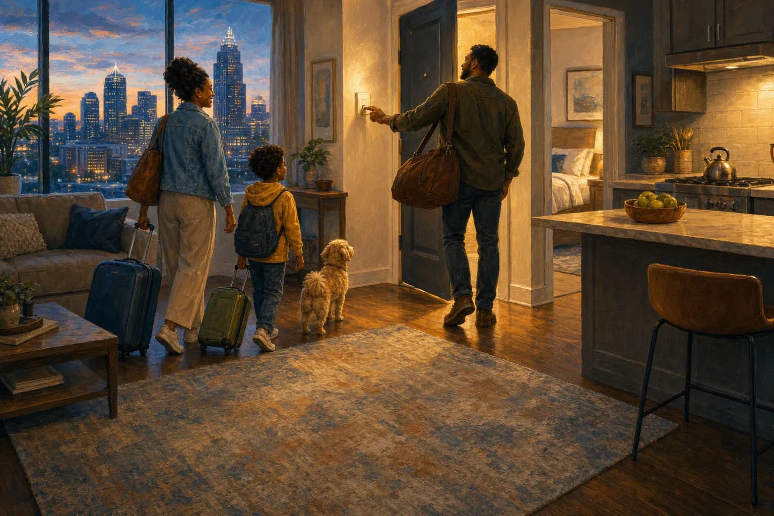 Illustration of a North Carolina family with suitcases and a small dog arriving at a bright furnished apartment, a dusk city skyline through the window