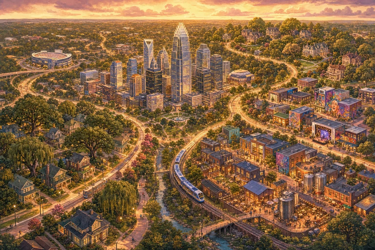 Storybook map illustration of Charlotte’s neighborhoods radiating from the Uptown skyline, connected by a light-rail line