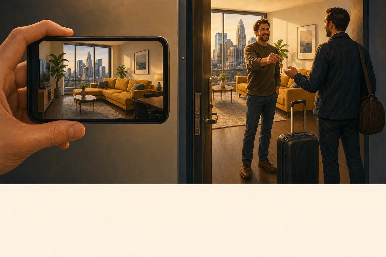 The same furnished apartment shown twice — listed in a phone booking app and booked direct at the building’s front door