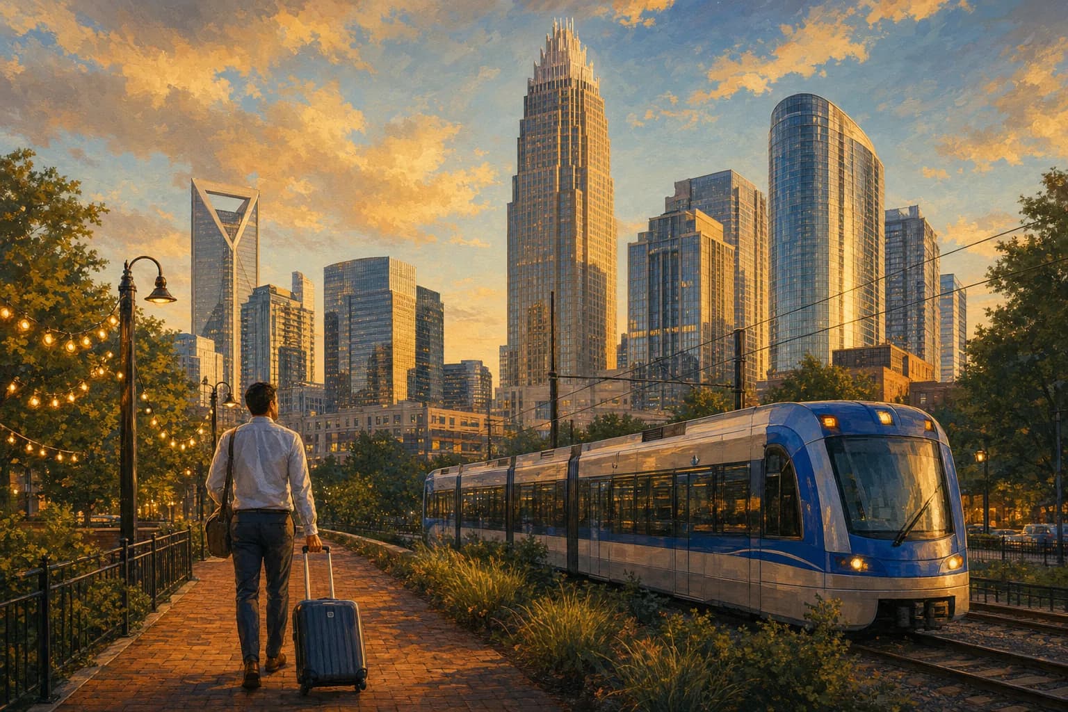 Illustration of the Uptown Charlotte skyline with the Bank of America Corporate Center, a young analyst with a suitcase, and a LYNX Blue Line train heading toward South End