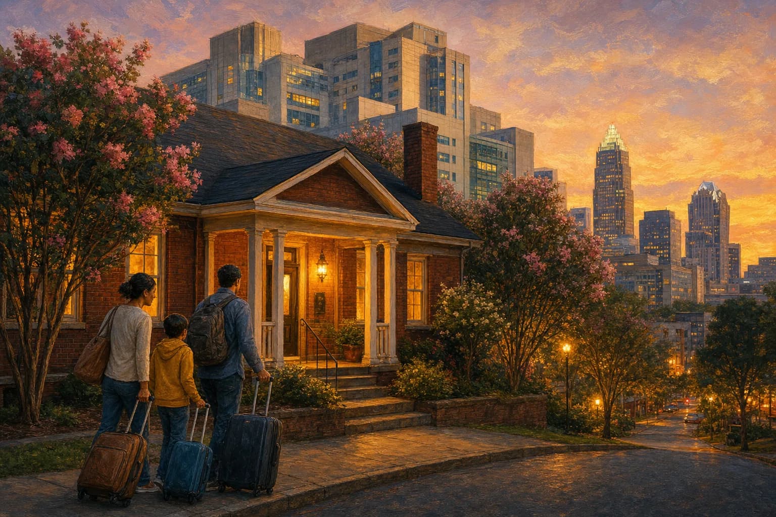 Illustration of a family arriving with suitcases at a warm guest house near the Charlotte medical district at dusk, hospital and skyline behind