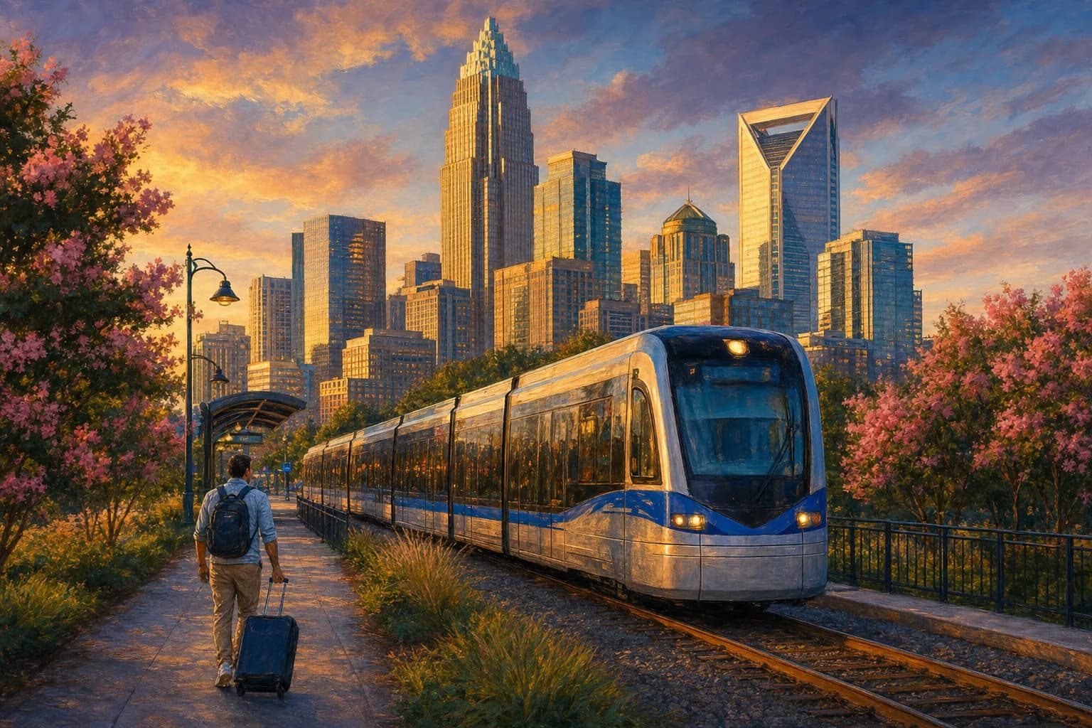 LYNX Blue Line light rail train with the Uptown Charlotte skyline behind it