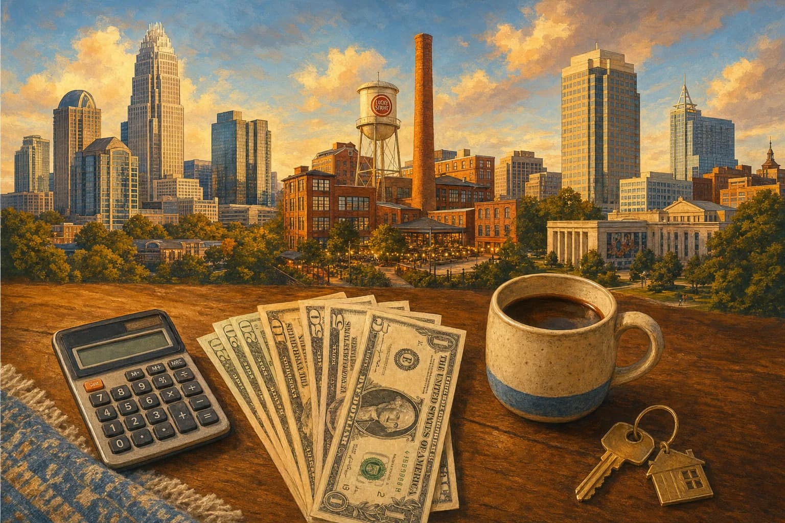 Illustrated skylines of Charlotte, Durham, and Raleigh, North Carolina above a desk with a calculator, cash, and an apartment key — budgeting a furnished long stay