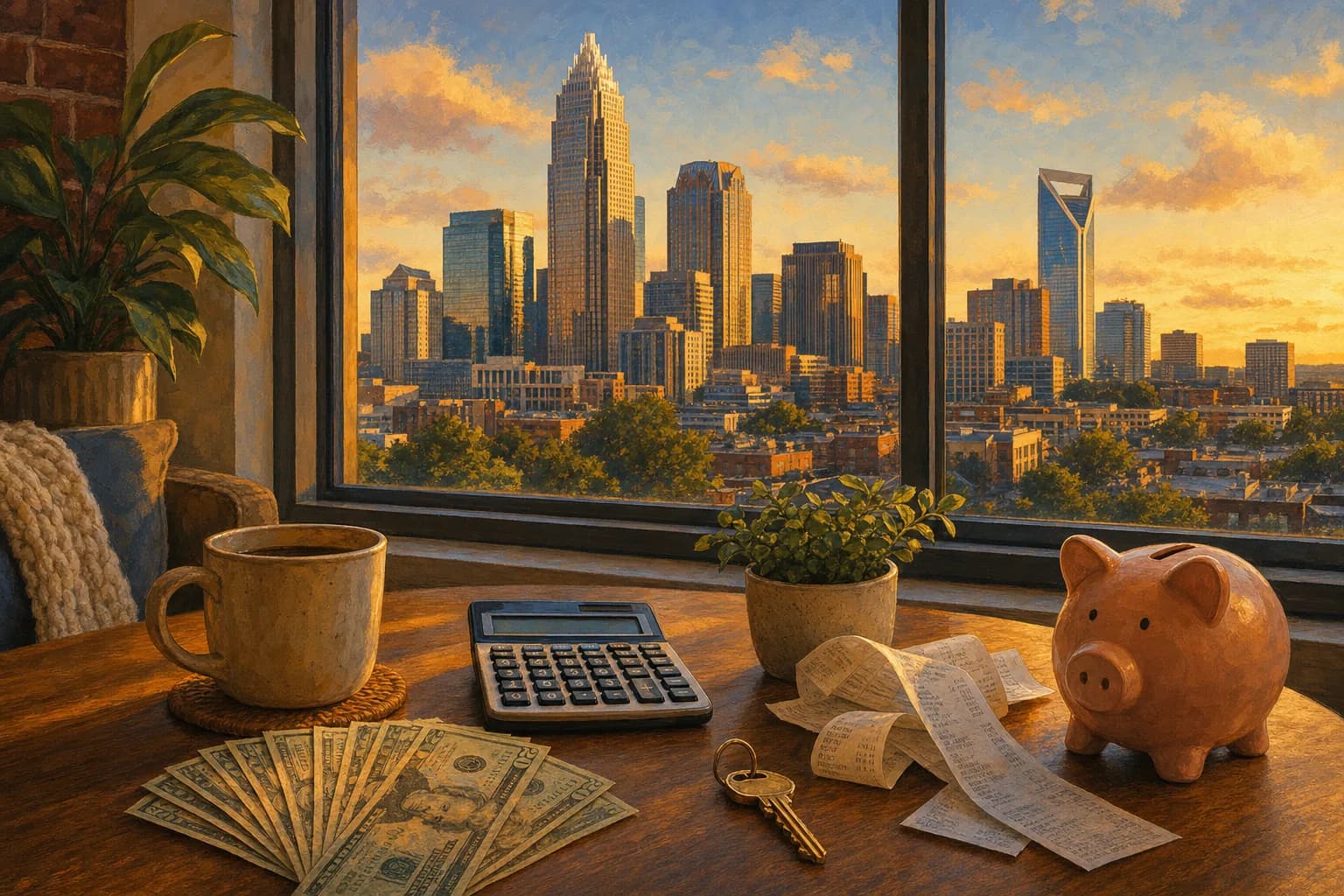 Illustration of a budgeting scene at a kitchen table with the Uptown Charlotte skyline through the window