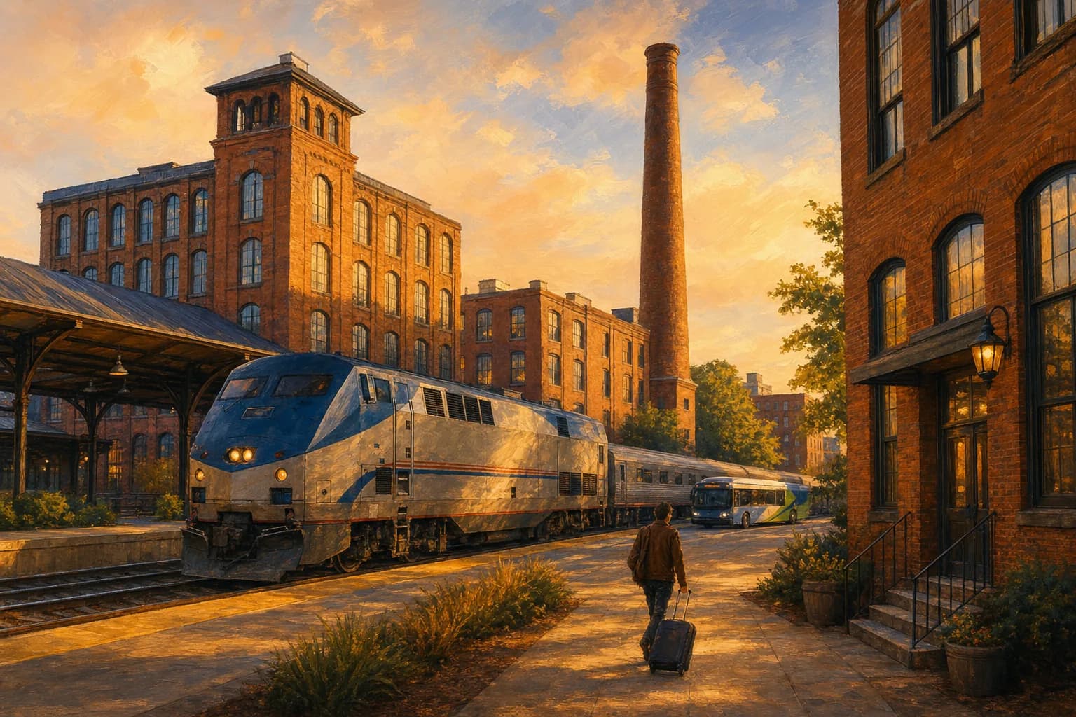Amtrak train arriving at Durham Station beside the brick tobacco-warehouse lofts of the West Village complex in downtown Durham