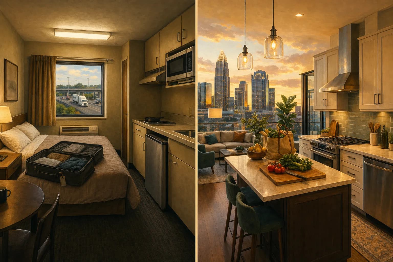 Split illustration comparing a small extended-stay hotel room with a kitchenette to a furnished apartment with a full kitchen overlooking the Charlotte skyline