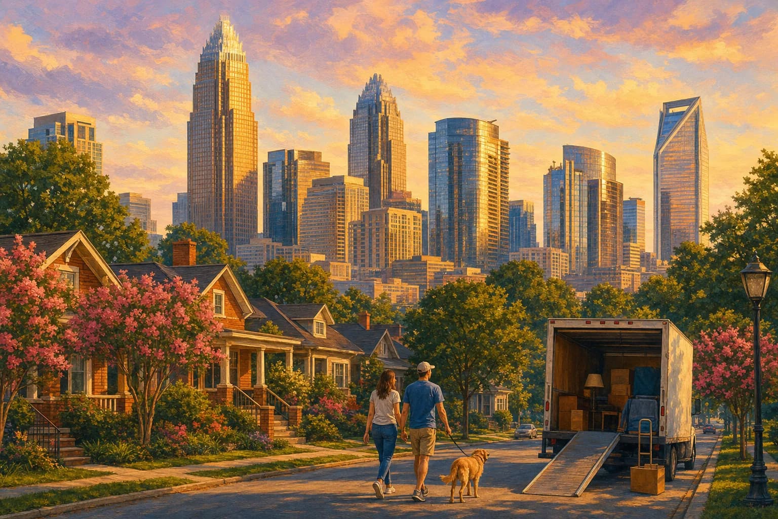 Painterly illustration of the Uptown Charlotte skyline above a leafy neighborhood street with a moving truck