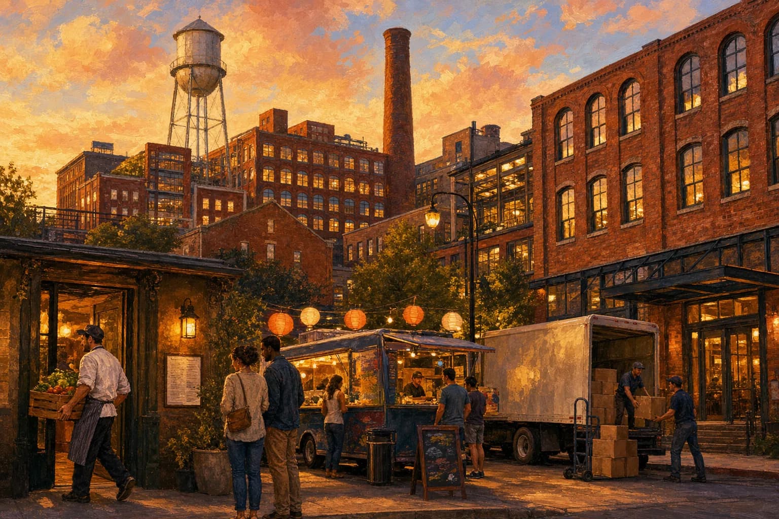 Painterly illustration of downtown Durham’s brick tobacco-warehouse district with the water tower and smokestack at golden hour