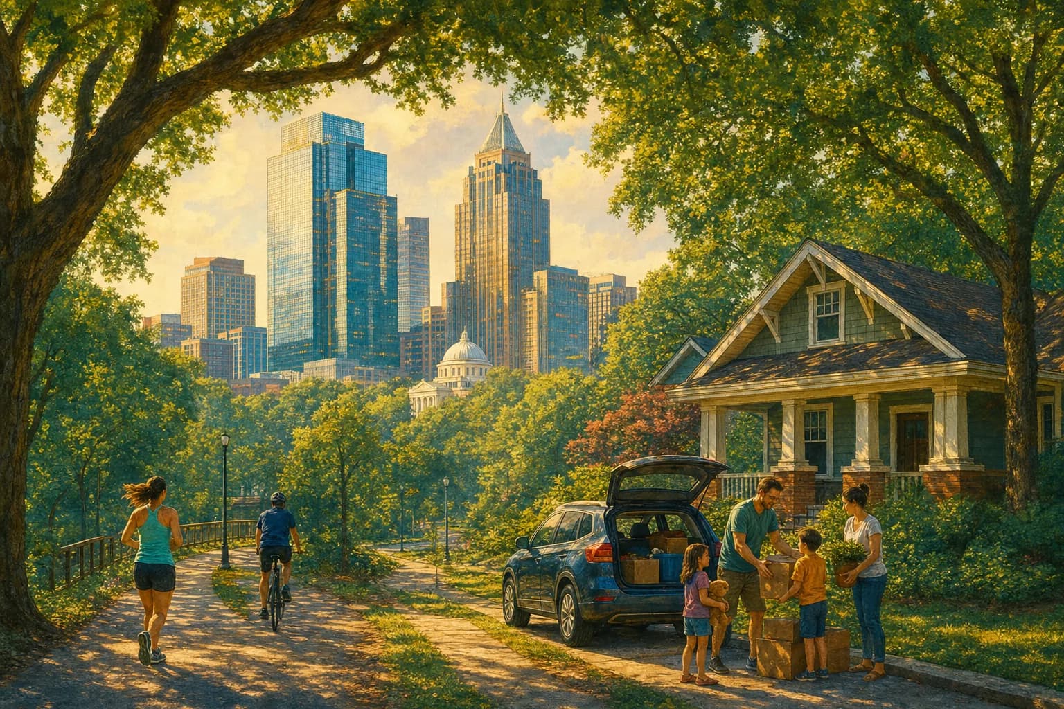 Painterly illustration of the downtown Raleigh skyline rising above a sea of oak trees with a greenway path below