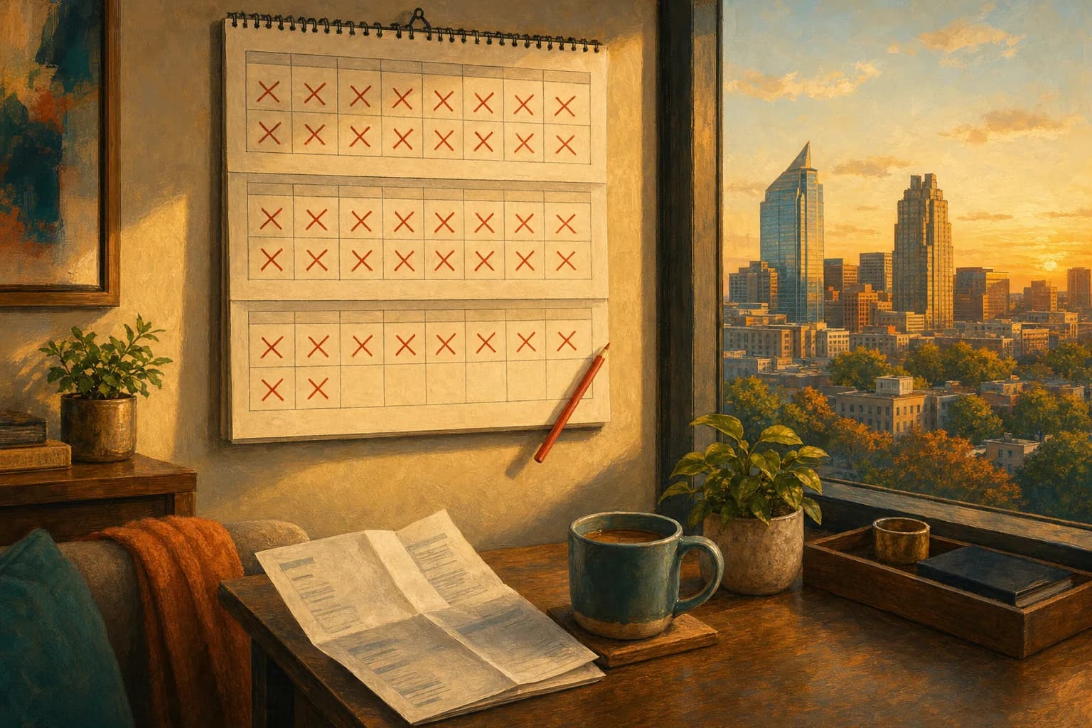 Illustration of a wall calendar with 90 days marked off beside the downtown Raleigh skyline