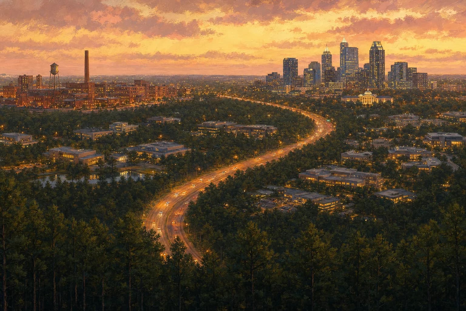 Illustrated map view of downtown Durham’s brick tobacco-warehouse skyline and downtown Raleigh’s capital skyline facing each other across the I-40 corridor and Research Triangle Park