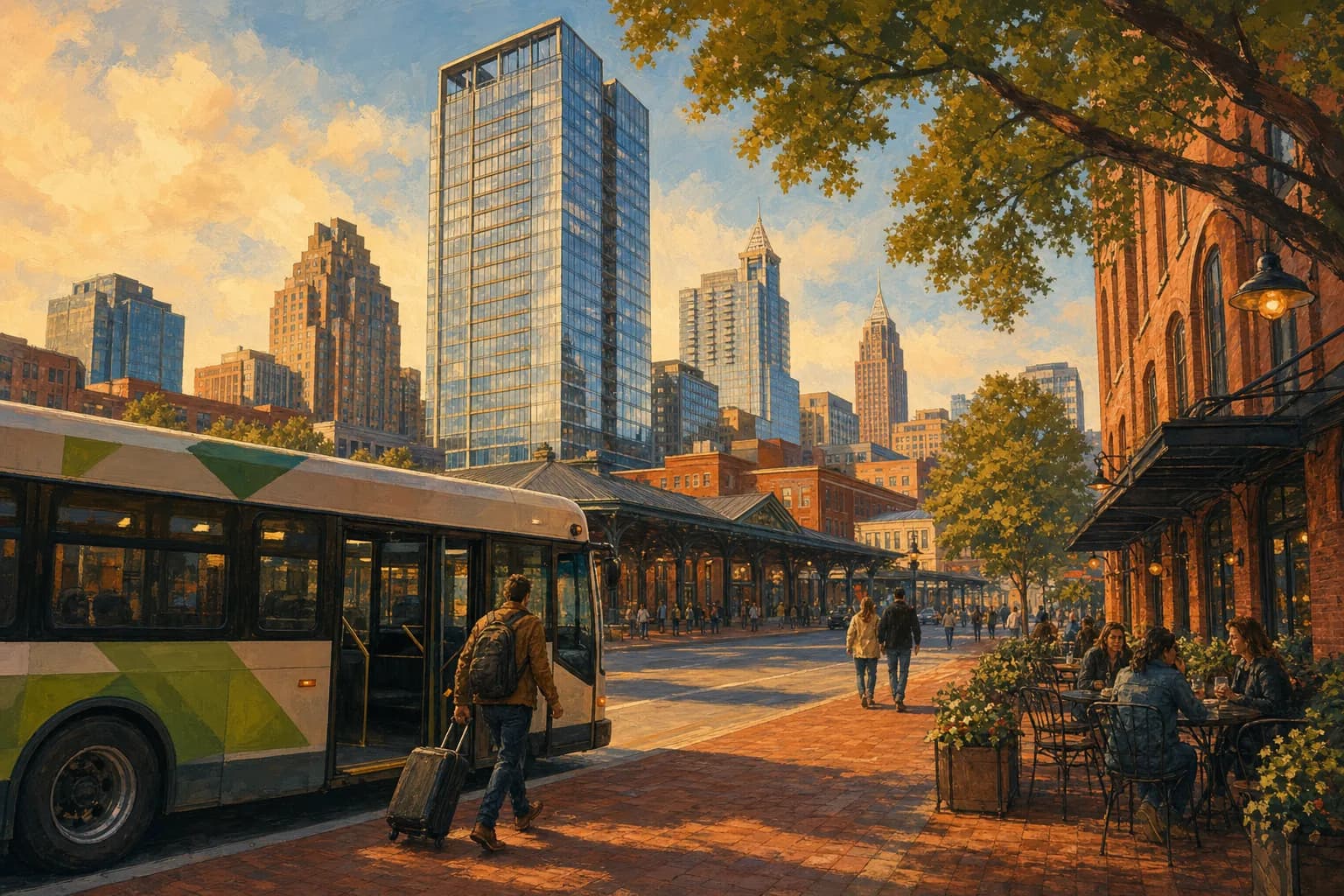 Illustration of a GoTriangle bus arriving at Raleigh Union Station with the 400H tower and downtown Raleigh skyline rising behind it