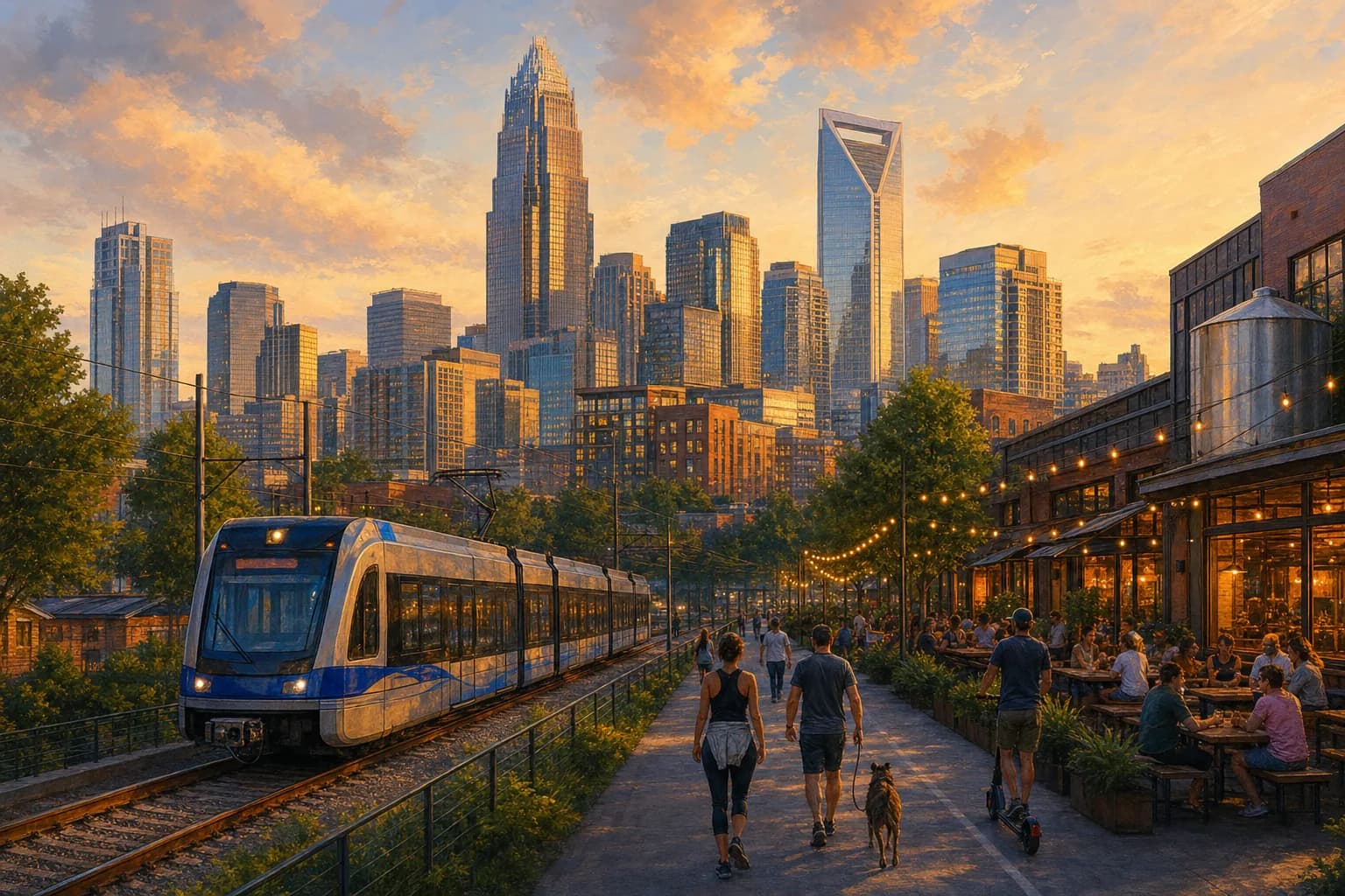 The Uptown Charlotte skyline seen from the Rail Trail in South End, with a LYNX Blue Line train passing