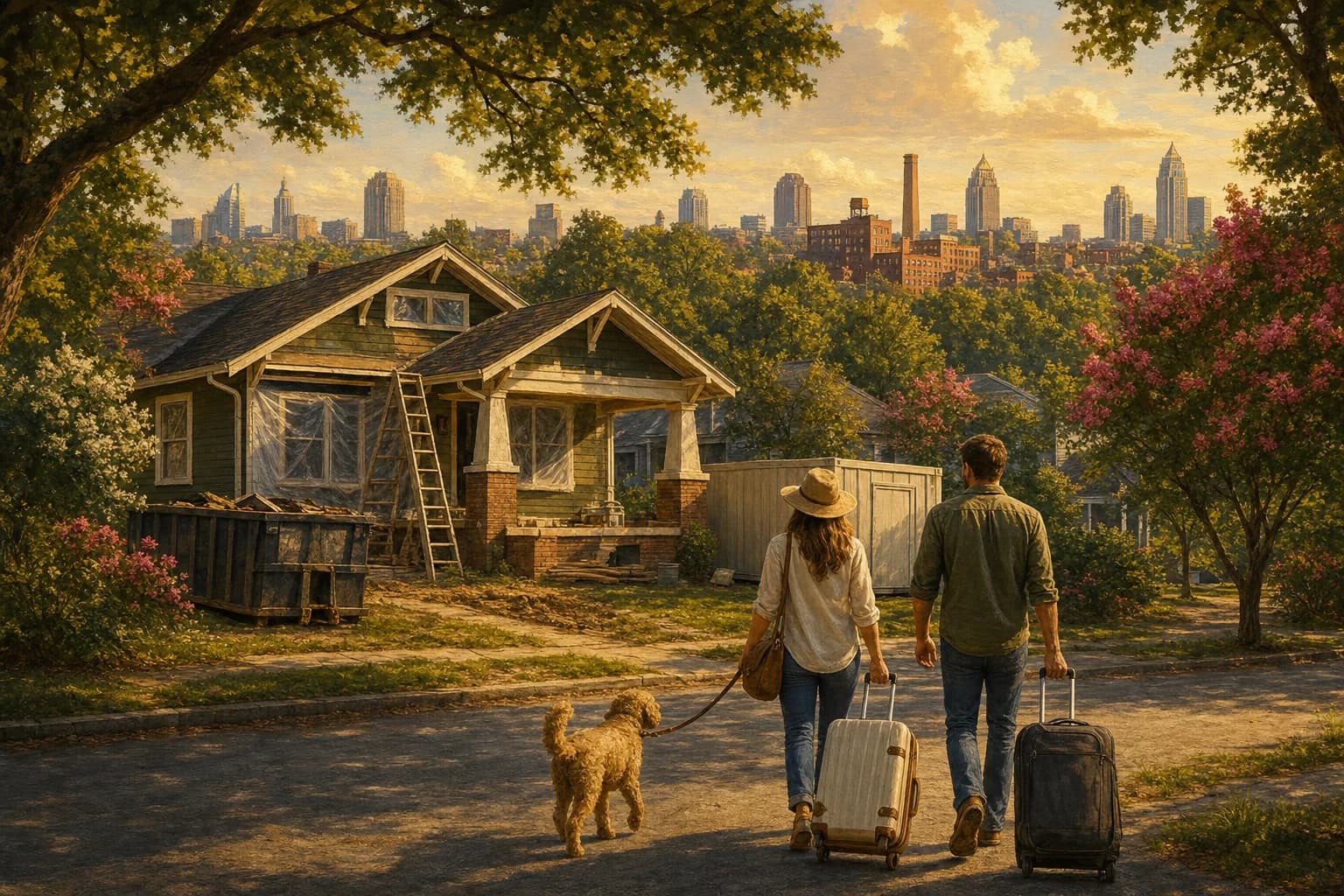 Homeowners outside their North Carolina house mid-renovation, with downtown furnished apartment buildings in the distance