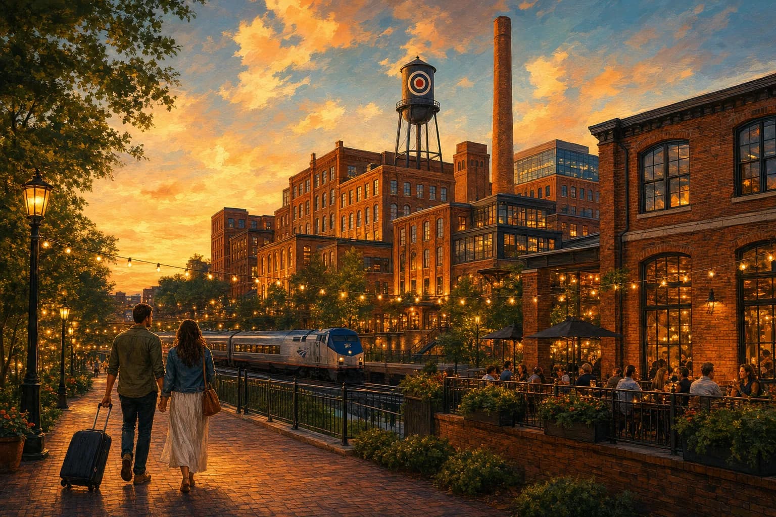 Historic brick tobacco-warehouse districts of downtown Durham, North Carolina, with the Lucky Strike water tower and smokestack rising over the American Tobacco Campus