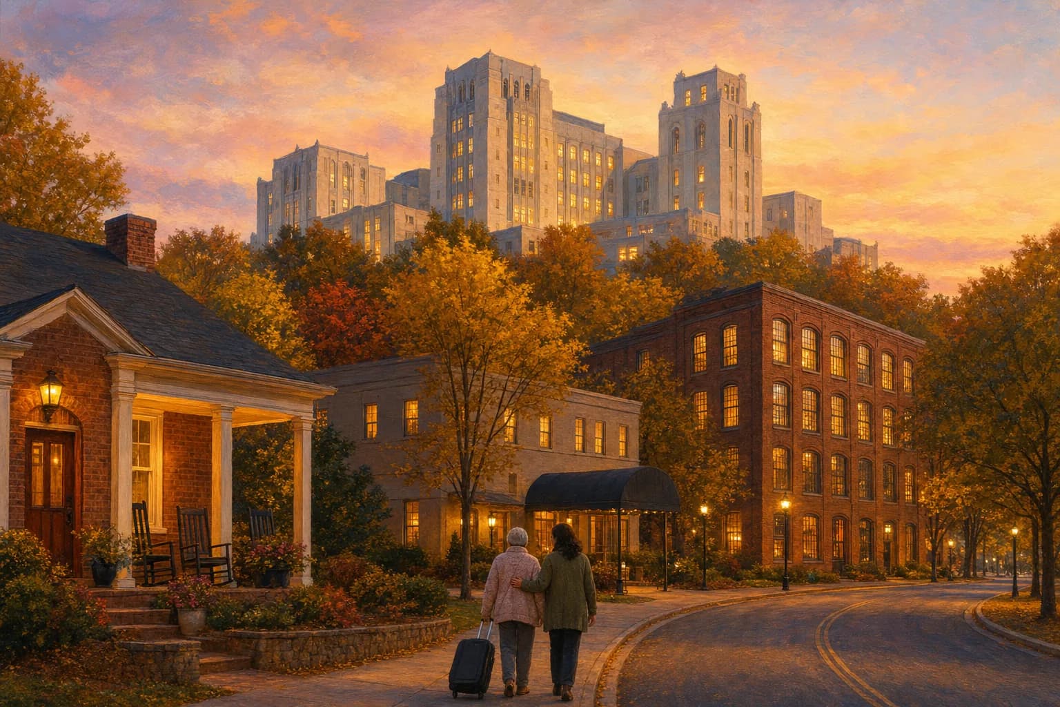 Warm illustration of Durham lodging choices for a family during treatment at Duke — nonprofit guest houses, hotels, and a West Village furnished loft