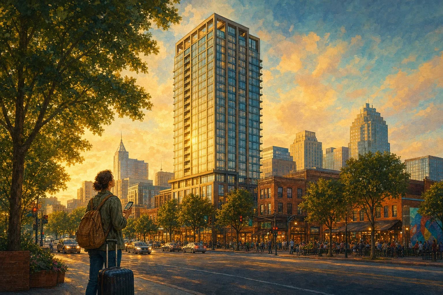 Downtown Raleigh skyline with the 400H tower at Hillsborough and West Streets, a traveler with a suitcase arriving below