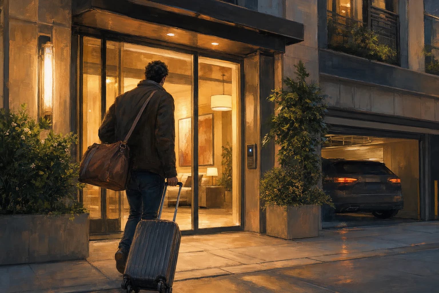 A traveler with luggage arriving at a warmly lit furnished apartment entrance at dusk