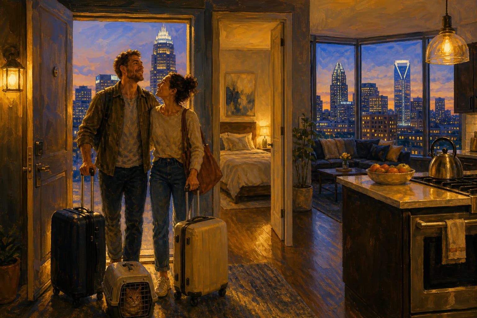 A relieved couple with suitcases and a cat carrier arriving at a bright furnished apartment at dusk, city skyline through the windows