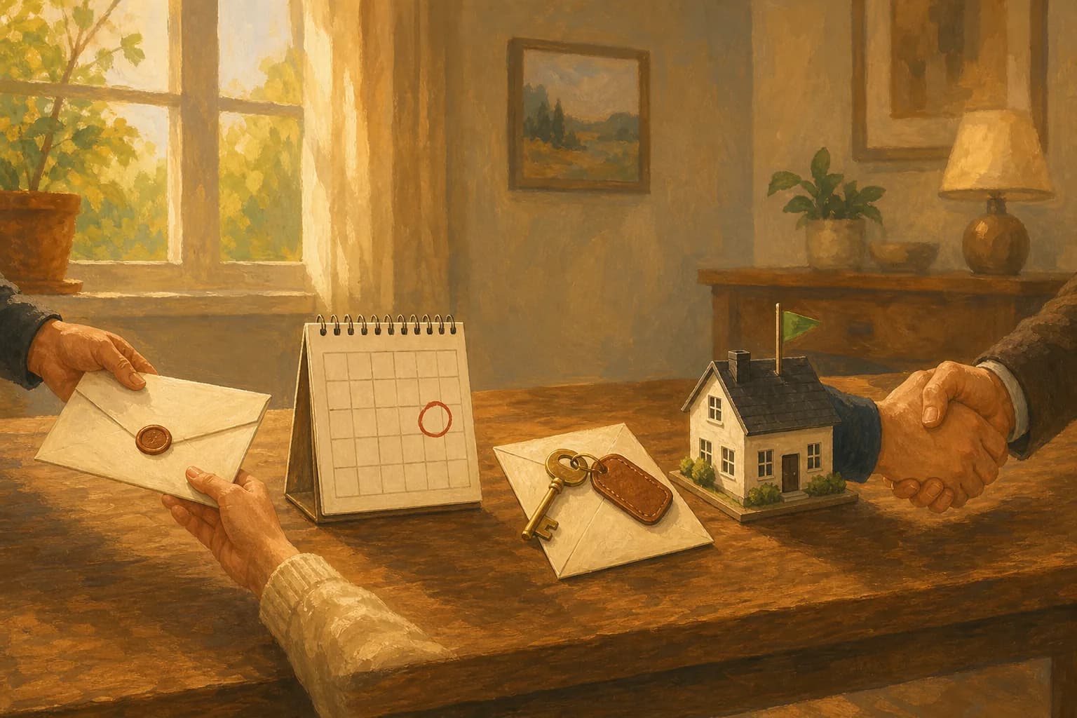 Illustrated timeline of an orderly North Carolina lease break: written notice, the notice period on a calendar, key handover, re-rental, and final settlement
