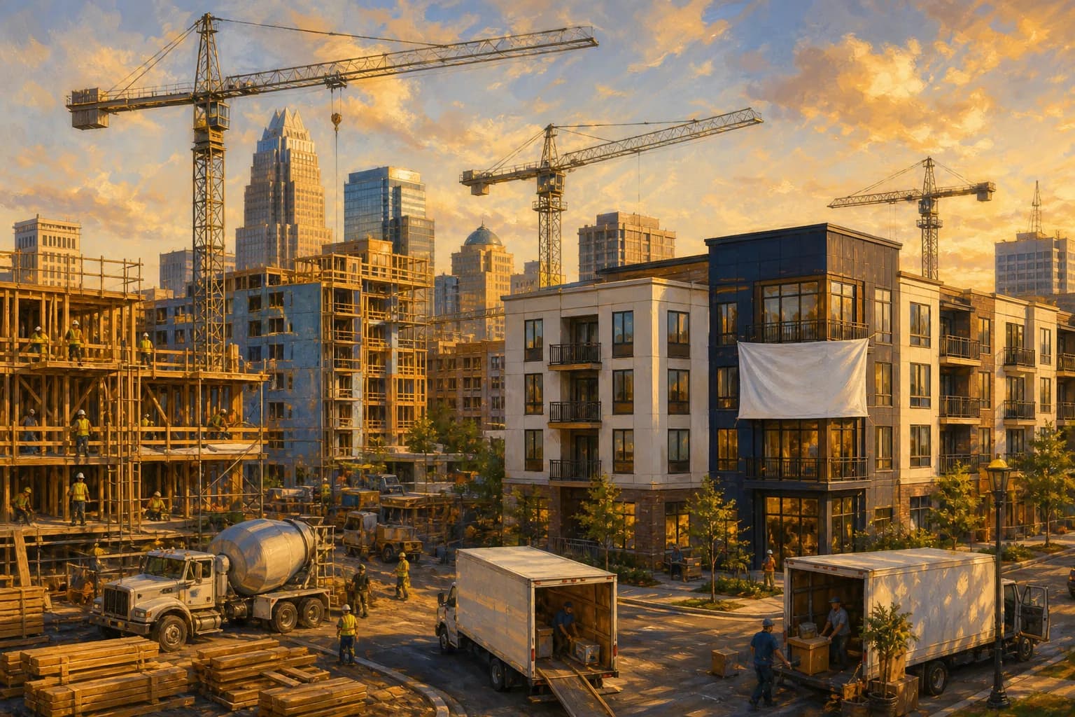 Painterly illustration of tower cranes over half-built apartment blocks in a growing North Carolina downtown at golden hour