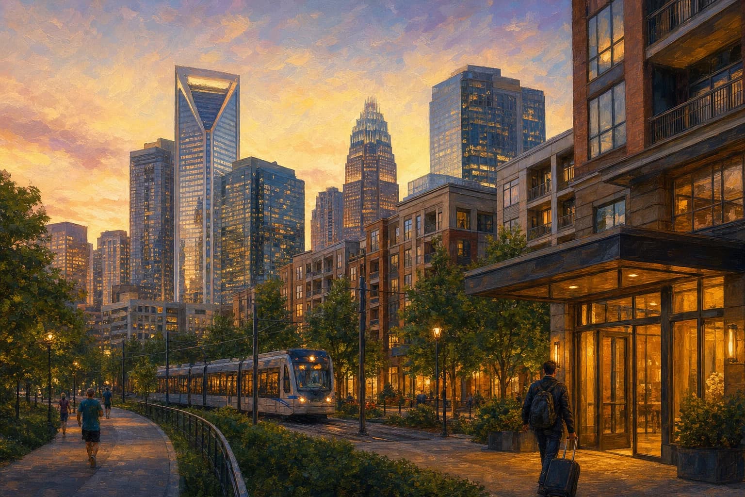 Uptown Charlotte skyline at dusk with the LYNX light rail below, a traveler arriving with a suitcase outside a high-rise apartment tower