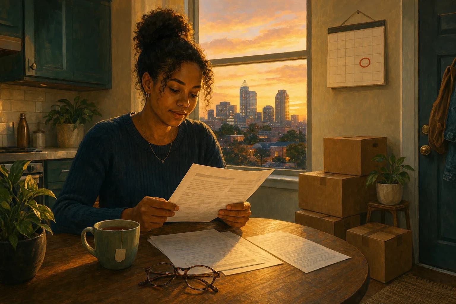 Illustration of a person reading a lease at a kitchen table with moving boxes and a wall calendar