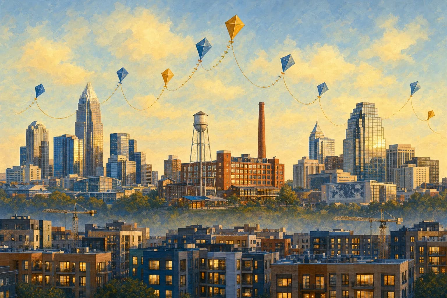 Painterly illustration of the Charlotte, Durham, and Raleigh skylines with kites tracing a chart line above them
