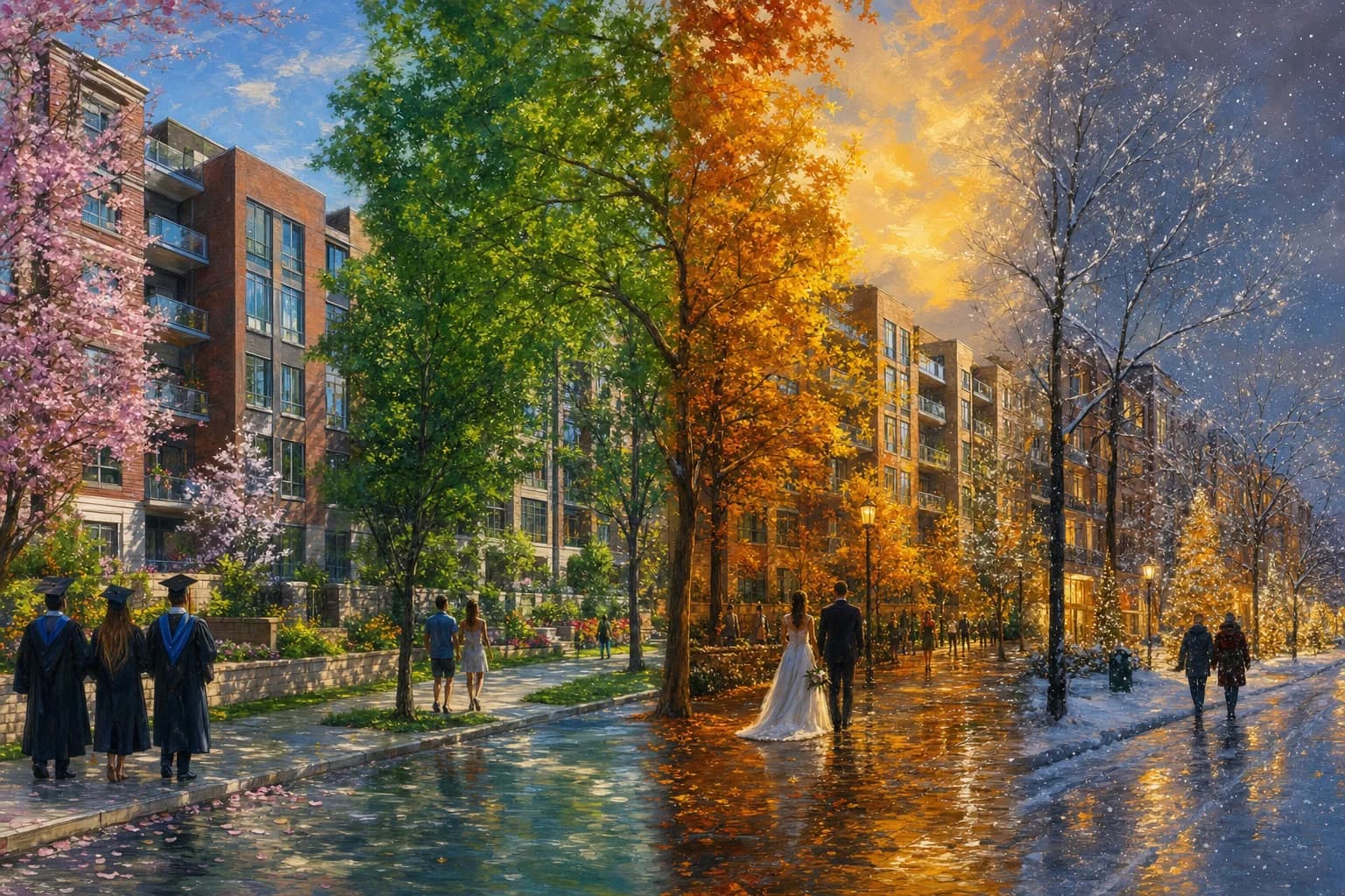 A painterly street of furnished apartment buildings shown across the four seasons