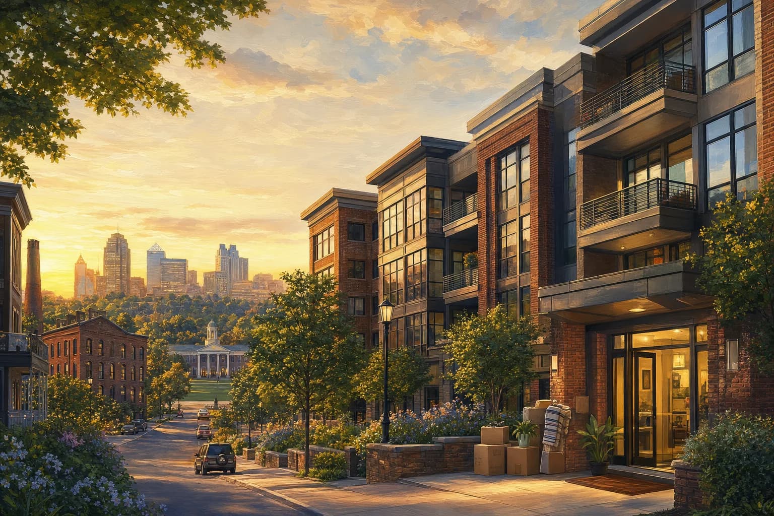 A painterly view of furnished apartment buildings across North Carolina's Research Triangle at sunrise